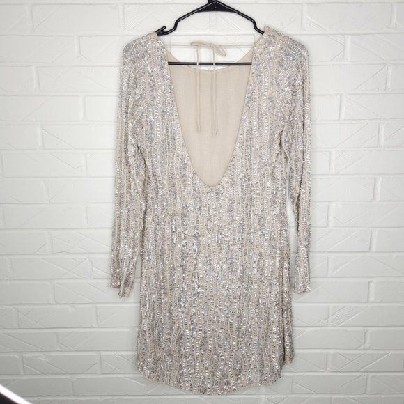 MLV Tyler Ivory Sequined Mini Dress Long Sleeve Backless Fully Beaded Lined S - Picture 5 of 7